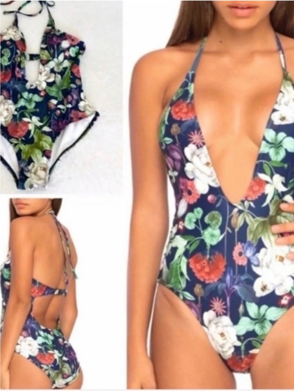 Motel Rocks x UO Sunny Day Navy Botanical Floral Plunge One Piece Swimsuit S New